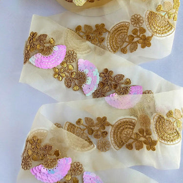 Gold Sheer Fabric Trim With Antique Gold Floral Embroidery And Pink White Two Tone Sequins Embellishments, Approx. 95mm Wide - 210119L124